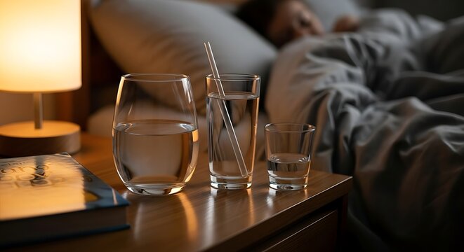 Woman sleeps peacefully beside a bedside table with glasses and a lamp in a dark room.