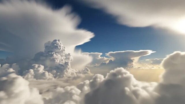 Epic aerial view of stunning cumulus clouds and blue sky during a sunny day with natural light and dramatic atmosphere