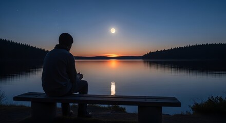 Silhouette of a man sitting on a bench overlooking a serene lake at sunset with a full moon rising in the background.