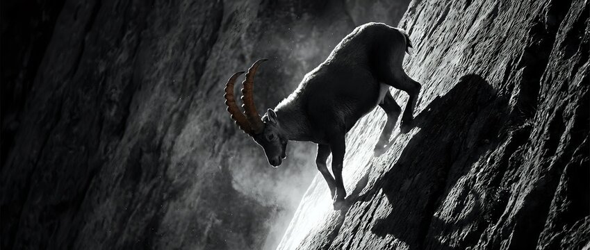 Silhouette of mountain climber scaling steep rock face with dramatic lighting and misty atmosphere for adventure and extreme sports concepts.