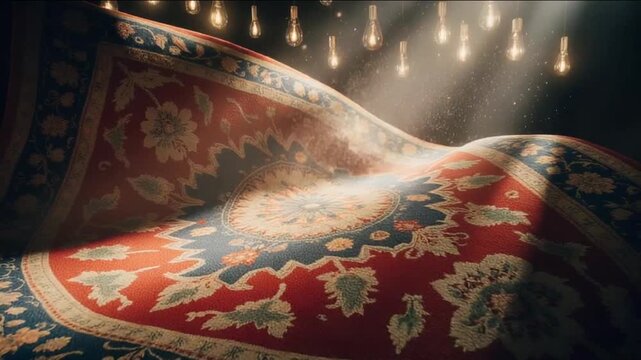 Ornate Persian Carpet Illuminated by Vintage Bulbs and Light Rays