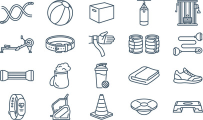 Collection of minimal line icons representing various fitness equipment and health monitoring tools. © Septarim