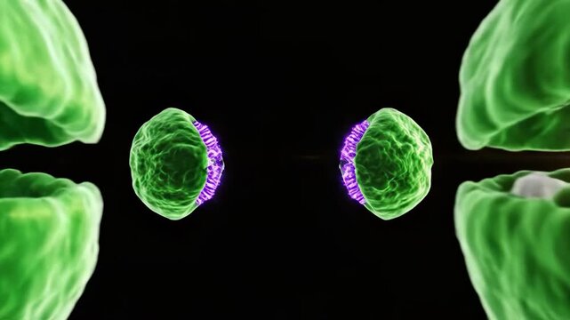 Mitochondria dividing with purple ATP synthase on cristae membranes