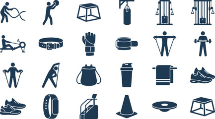 Comprehensive collection of modern fitness and gym equipment icons for various workout routines. © Septarim