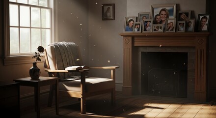 Naklejka premium Warmly lit living room interior with a chair by the window, a side table, and a fireplace mantle with family photos in a cozy atmosphere.