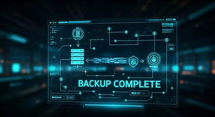Fototapeta premium Data backup and recovery concept. A holographic interface shows a data stream being copied from a server to a secure backup location.