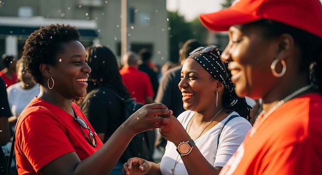 Three joyful African American women celebrate Juneteenth with smiles and laughter, embracing community and freedom at a vibrant outdoor event.