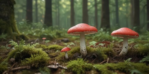 Forest floor with red and white wild mushroom,  fungi,  forest,  outdoors
