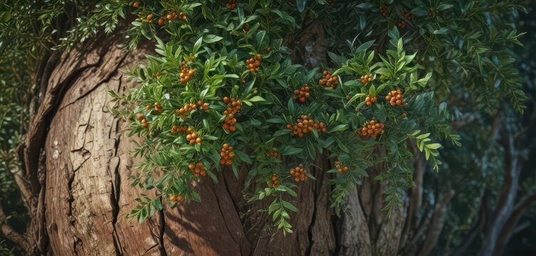 Foliage of Polyscias Fruticosa plant on a tree trunk,  tree bark,  foliage,  greenery