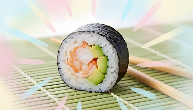 Fresh Sushi Roll with Shrimp Avocado on Bamboo Mat
