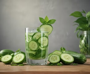 Fototapeta premium Fresh cucumber juice in a glass with mint leaves , healthy, glass, green detox