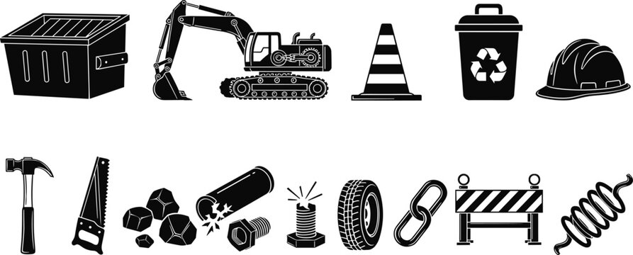 Construction and waste management icons set with excavator dumpster traffic cone recycling bin hard hat hammer saw and various industrial parts