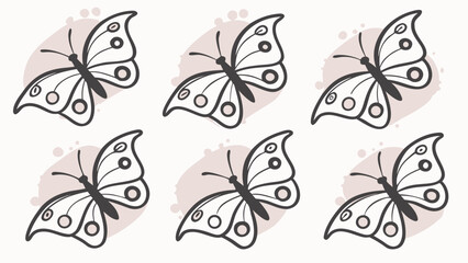Set of Minimalist Hand Drawn Butterfly Illustrations with Soft Peach Watercolor Blobs on White Background