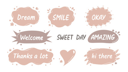 Set of Aesthetic Hand-Drawn Speech Bubbles and Message Clouds with Positive Quotes and Words in Pastel Nude Tones for Social Media, Journaling, and Modern Graphic Design