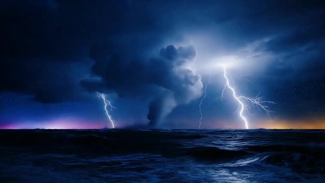 Powerful lightning strikes illuminate a dark, stormy ocean with a waterspout under heavy, ominous clouds.