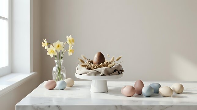 Elegant Easter table display with chocolate eggs in white cake stand, fresh daffodils in vase, and pastel colored eggs on marble surface near window.