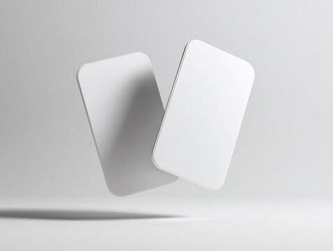 Two levitating white TCG style cards and minimalist speakers, floating above a gradient background in a clean, modern setting, with soft shadows and angled perspective - AI-Generated