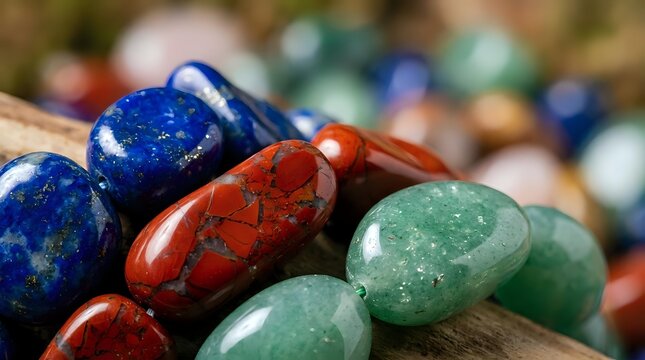 Colorful collection of polished gemstones and healing crystals including lapis lazuli, red jasper, and green aventurine arranged on wooden surface for jewelry making.