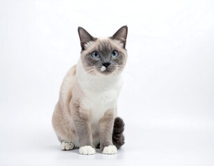 Fototapeta premium Creamy white and gray cat with striking blue eyes, sits attentively against a plain, light-colored background