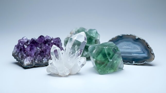 Collection of natural healing crystals and gemstones including amethyst cluster, clear quartz points, green fluorite and blue agate geode on white background.