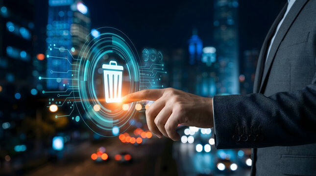 A professional hand touches a glowing digital trash can icon on a futuristic circuit interface A blurred night city backdrop symbolizes data deletion 