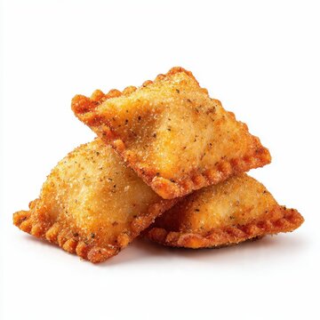 Three Toasted Ravioli Pieces Stacked on White Background, Crispy Golden Fried Pasta Appetizer