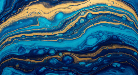Fototapeta premium Vibrant blue and gold fluid art pattern with swirling waves and bubbles abstract design