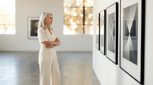 Elegant blonde woman in white suit admiring black and white photographs in modern art gallery with sophisticated lighting and minimalist interior design.