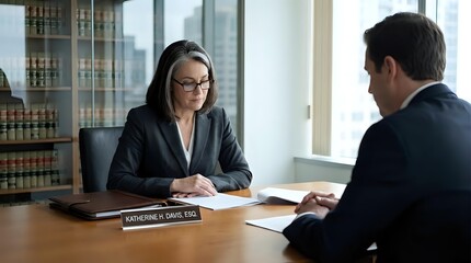 Obraz premium Professional female lawyer in glasses consulting with male client in modern law office conference room for legal advice and representation services.