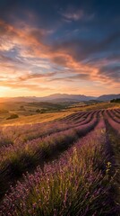 Obraz premium Lavender field rows stretching toward mountains under dramatic sunset sky with orange and purple clouds creating romantic agricultural landscape.