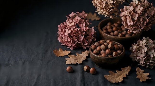 Autumn still life with hazelnuts in wooden bowls, dried hydrangea flowers and oak leaves on dark background for seasonal cooking and harvest themes.