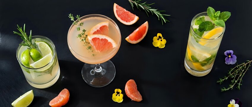 Three refreshing cocktails with fresh citrus garnishes and herbs on dark slate background for summer entertaining and mixology presentations.