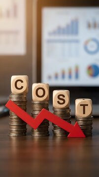 Wooden blocks spelling COST on coin stacks with red downward arrow showing expense reduction and financial savings in business office setting.