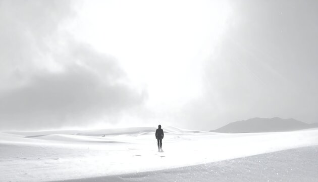 Distant figure walks on snowy field under bright sunlight and scattered clouds. Monochromatic, minimal, vast landscape