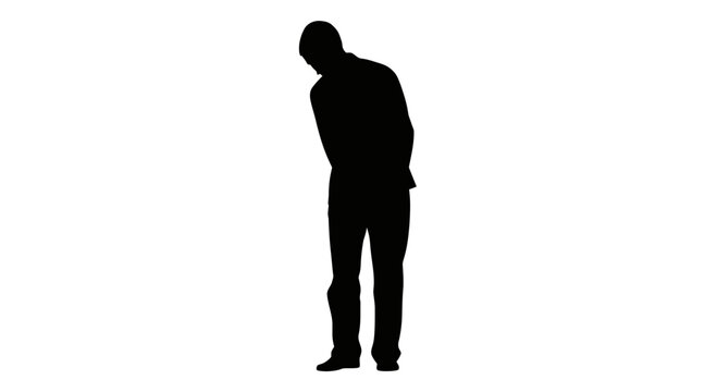Silhouette of a man bending over, isolated on white background.
