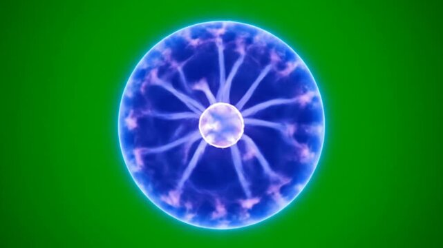 A plasma ball with blue electric discharges on a green screen background, showcasing electrical phenomena.
