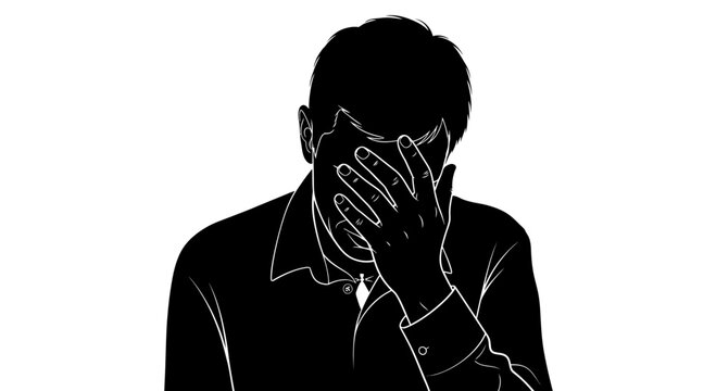Man's facepalm, silhouette of despair, stress, and frustration, white background