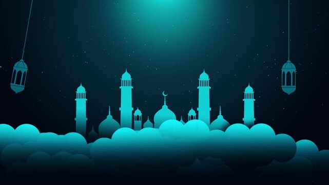 Animated Hanging Golden Lantern and Star on Black Blue Background, Islamic Ramadan Greeting, Luxury Motion Graphics 4K.
