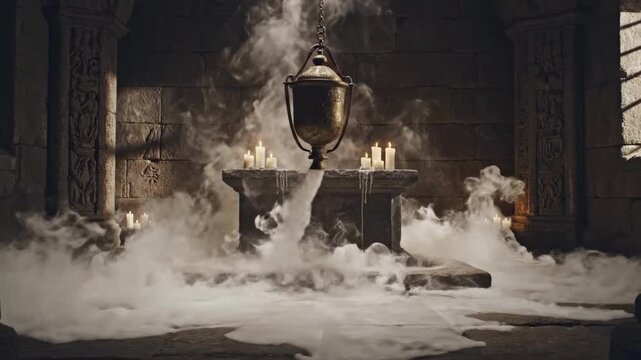 An ancient stone chamber bathed in candlelight features a suspended chalice releasing mystical smoke, creating an atmosphere of intrigue and spiritual