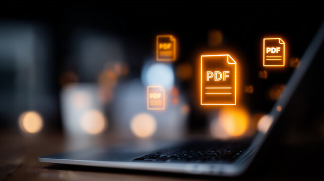 Glowing PDF document icons above a laptop representing digital file management electronic documents and paperless business workflow.
