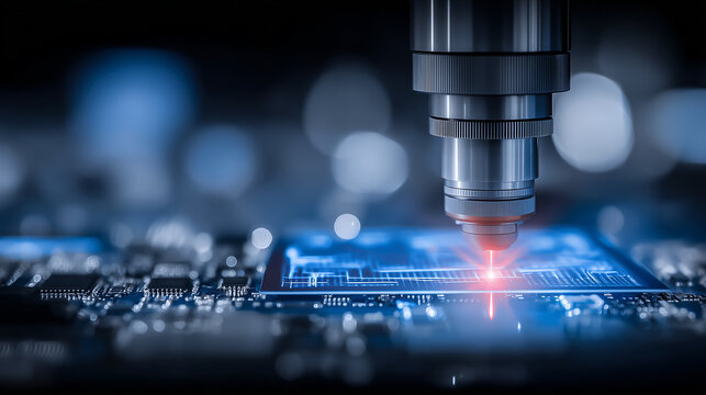 A precision laser working on a microchip surface represents semiconductor fabrication advanced electronics engineering and high tech manufacturing innovation.
