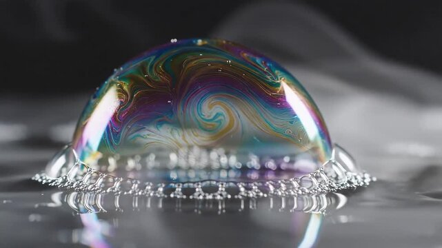 Macro Shot of a Colorful Soap Bubble Floating on Water Surface.