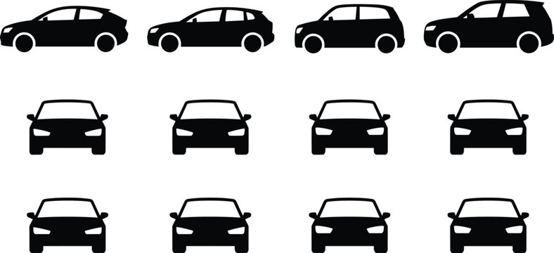 Large collection of car silhouettes featuring various body types including SUV and hatchback from side and front view isolated on white background vector