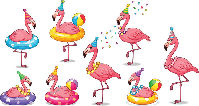 Pink flamingo party vector set featuring cute bird characters with pool floats party hats and beach balls for tropical summer celebration designs.