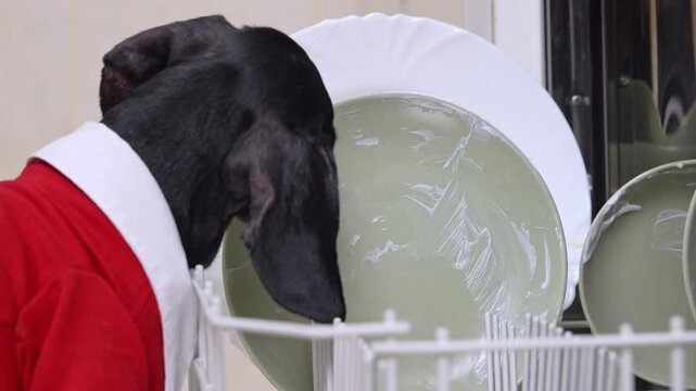 Back view of a black and tan dachshund in red clothing leaning toward an open dishwasher filled with plates, creating a playful indoor kitchen scene focused on household cleanup chores