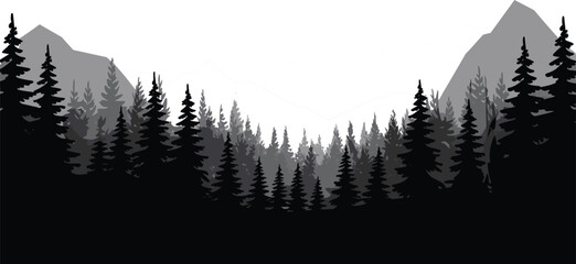 Layered forest landscape silhouette with evergreen pine trees and mountain peaks in various gray tones isolated on white background vector © Mstlyzo