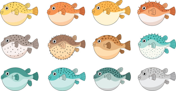 Vector set of puffer fish illustrations featuring various colors and spiked textures for marine life aquarium decor and underwater ocean designs.