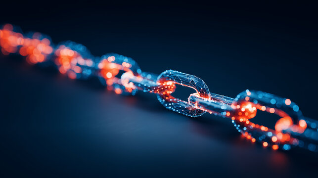 A broken digital chain link symbolizing blockchain disruption, weak security, and vulnerability in connected systems.
