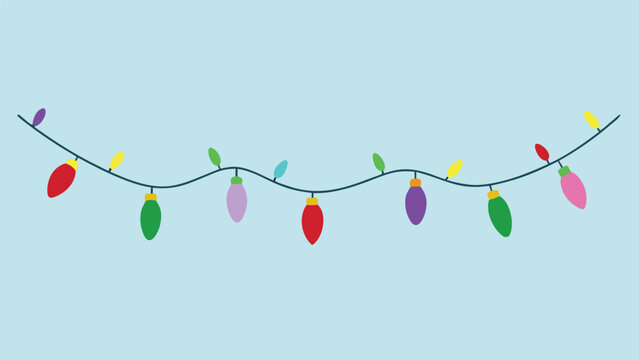 A single strand of colorful oval Christmas lights in red green and purple hanging in a curved line against a light blue background.