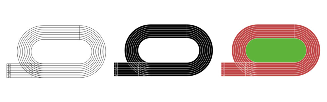 Top view athletics running track with lane lines and stadium field. Sport race track vector set including outline, solid and colored versions. Ideal for sports design, infographic, and stadium graphic
